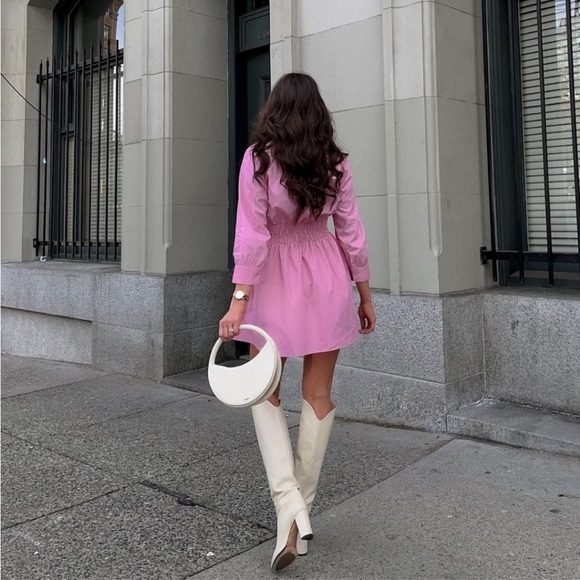 Zara collard v neck pink mini dress — smocked waist long sleeves skater dress - Picture 4 of 15